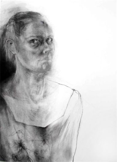 Sharon Kelly: Portrait in black dress , 2004, charcoal on paper, 76 x 56 cm; courtesy the artist